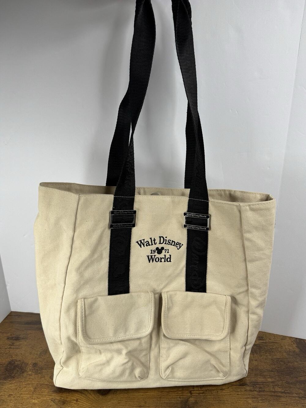 Disney Parks Walt Disney World 1971 Deluxe Canvas Tote Bag Cream Black Mickey